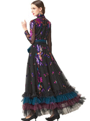 Luxury Sequined Sheer-Sleeve Dress
