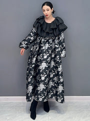 Retro Floral Charm Oversized Ruffle Collar Long Dress