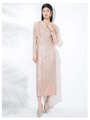 Truly Plissé Pleated Long Sleeve Midi Dress