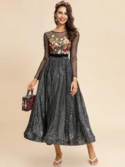 Floral Embroidery Sheer Sleeve Sequin Dress