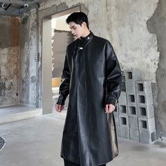 Men's Classic Black Faux Leather Trench Coat