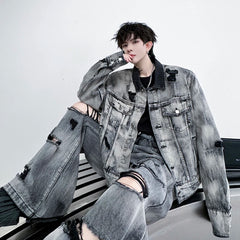 Men's Gray Distressed Denim Jacket + FREE Jeans Set