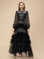 Glamorous Black Sequin Tulle Long Dress