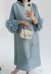 Luxe Floral-Sleeve Pleated Dress
