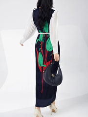 Floral Plissé Long Sleeve Dress