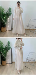 Pleated Modest Metallic Long Sleeve Midi Dress