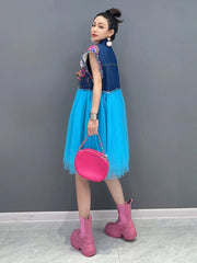 Stylish Everyday Denim Blue Lace Bejeweled Dress
