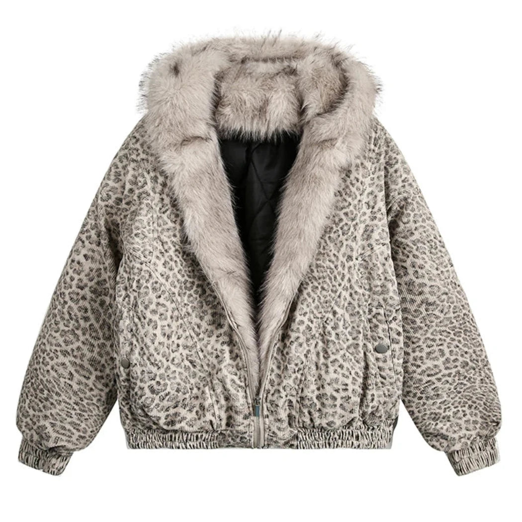 Women's Faux Fur Leopard Print Bomber Jacket