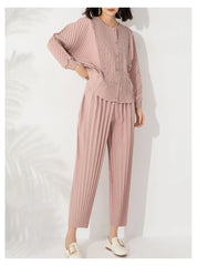 Women's 2 Piece Pleated Button-Up Top & Pants Set