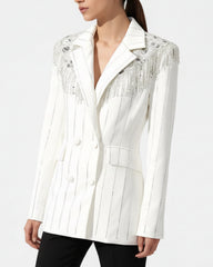 Rhinestone Pinstripe Fringe Blazer
