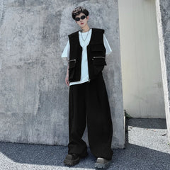 Men's Streetwear Black Cargo Vest and Loose Trousers Set