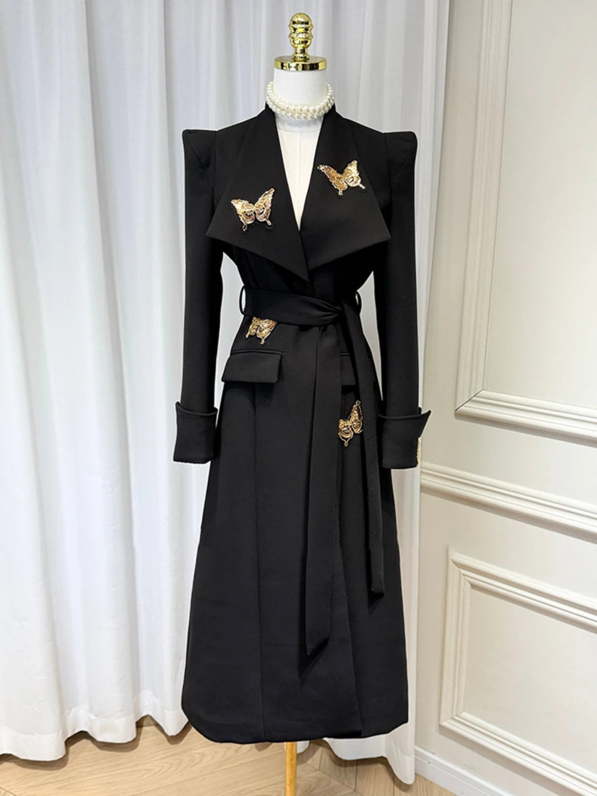 Luxury Black Belted Long Coat with Butterfly Details