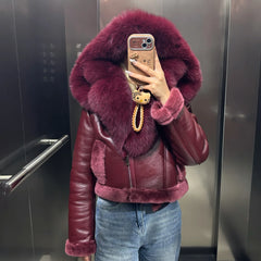 Fox Fur Trimmed Shearling Leather Hooded Jacket