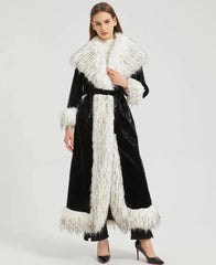 Women's Faux Fur Trim Patent Leather Trench Coat