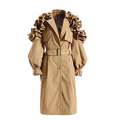 New! Luxe Elegant Ruffle Puff Sleeve Trench Coat