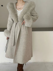 Luxury Wool-Blend Faux Fur Hooded Coat