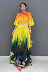 Women's Elegant Yellow Gradient Floral Pleated Midi Dress