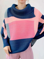Luxury Japanese Pleated Pleats Color Block Turtleneck Top – Travel & Formal Wear