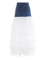 Luxe Denim and Tulle Ruffled Long Skirt