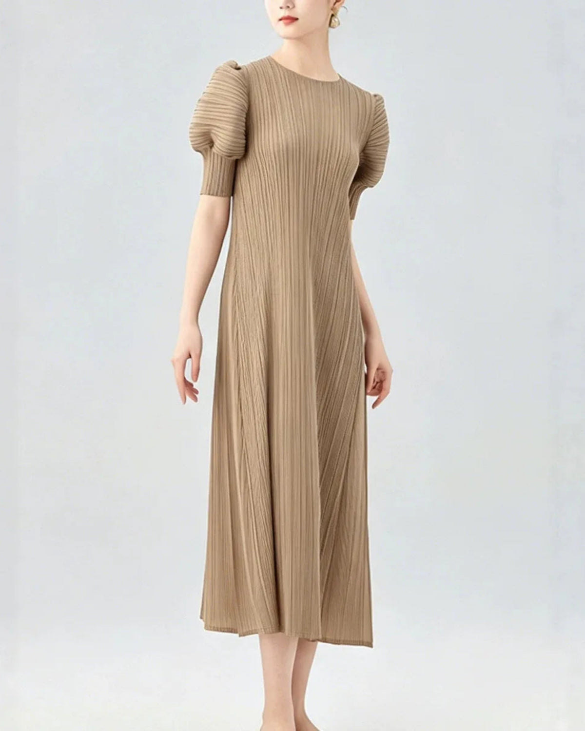 Unique Puff-Sleeve Pleated Dress