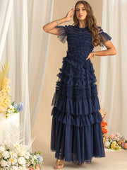 Luxe Navy Blue Lace Tiered Ruffle Chiffon Dress