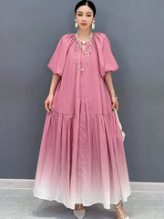 Women's New Gradient Pink Balloon Sleeve Midi Dress