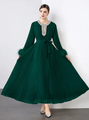 Luxe Pleated Crystal & Feather Dress
