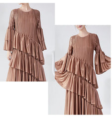 Couture Plissé Pleated Ruffle Sleeve Midi Dress