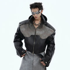 Men's Spiked Faux Leather Cropped Hooded Jacket