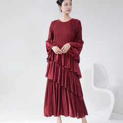 Couture Plissé Pleated Ruffle Sleeve Midi Dress