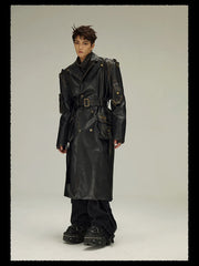 Men's Black Vegan Leather Trench Coat - Luxury Streetwear