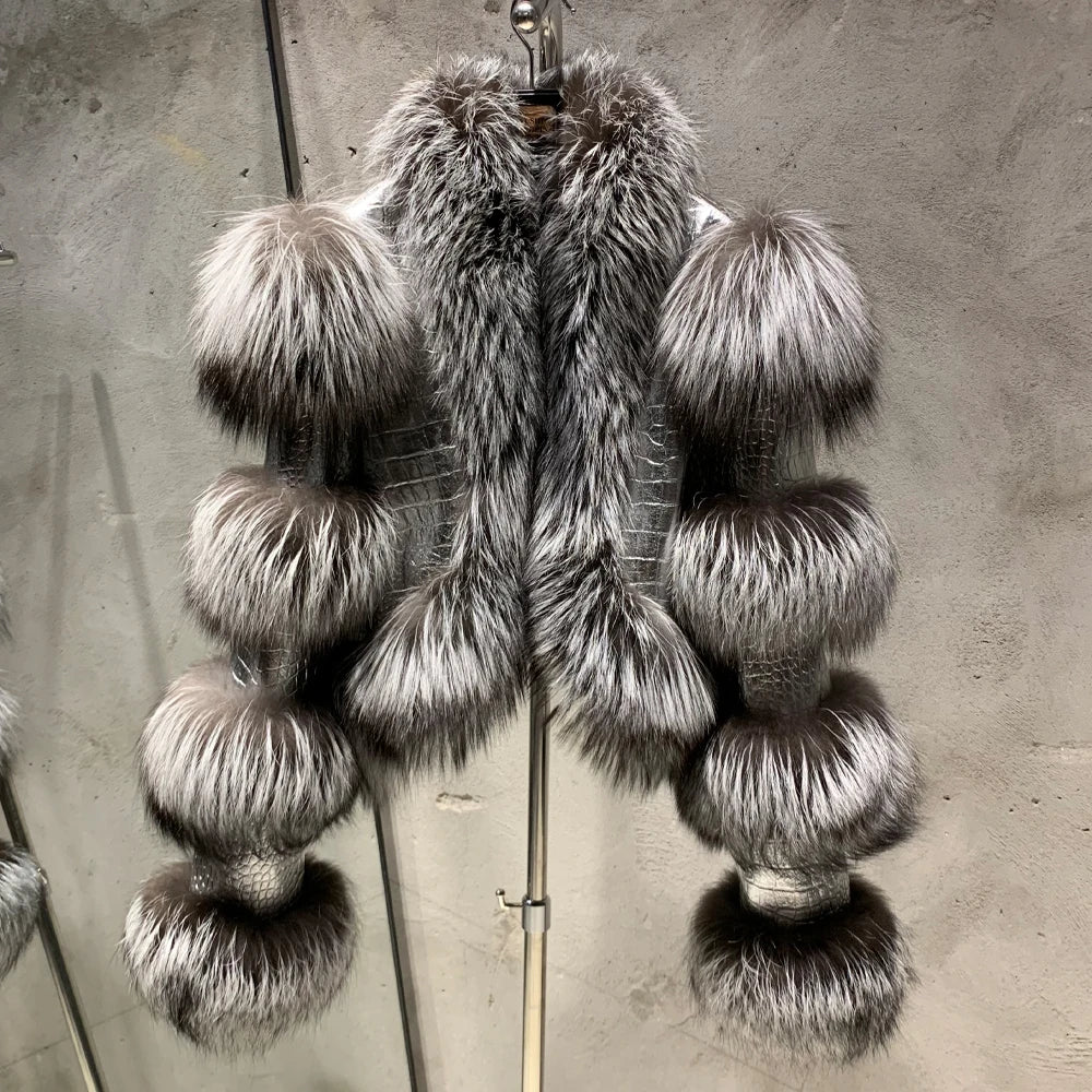 Silver Fox Fur Leather Coat