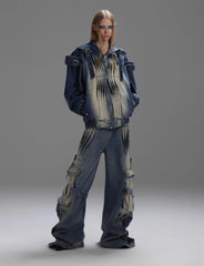 Women's 2 Piece Distressed Denim Jacket & Cargo Jeans Set