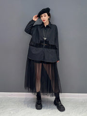 Elegant Pleated Shirt Dress Top in Black