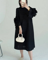 Luxe Floral-Sleeve Pleated Dress