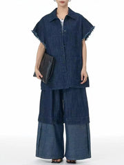 Cotton Denim Wide-Leg Pants with Elastic Waistband