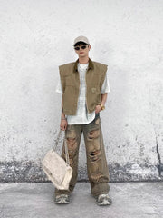 Stylish Men's 2 Piece Distressed Jeans and Vest Set