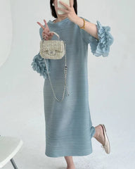Luxe Floral-Sleeve Pleated Dress