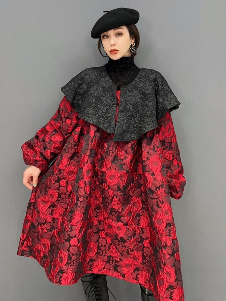 Floral Luxe Knitted Oversized Collar Long Sleeve Dress