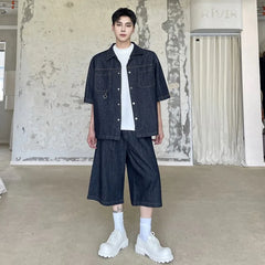 Men's High Society Denim Shirt and Long Shorts Set