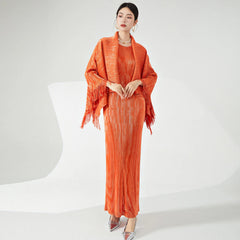 Couture Pleated Long Dress & Shawl Matching Set