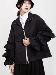 Women's Luxe Black Oversized Ruffled Jacket