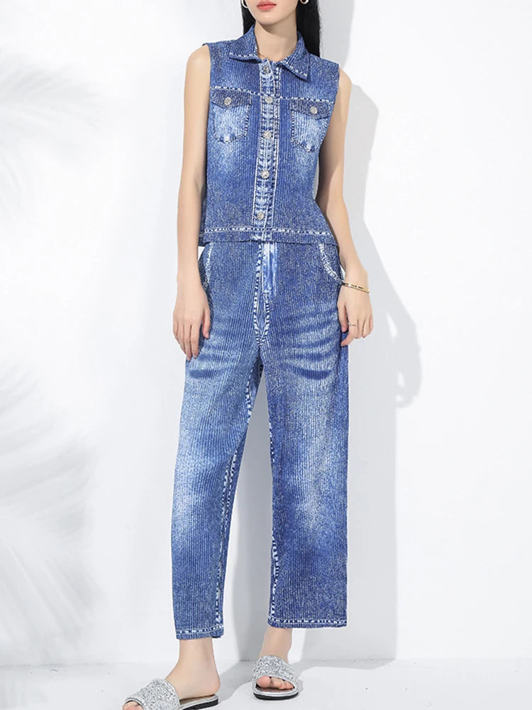 Plissé Pleated Denim-Inspired Pants Set