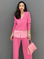 Elegant Pink Fitted Top and Loose-Leg Pants 2-Piece Set