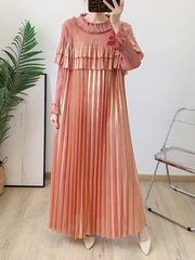 Pleated Modest Metallic Long Sleeve Midi Dress