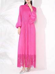 Plissé Pleated Tassel Long Sleeve Midi Dress