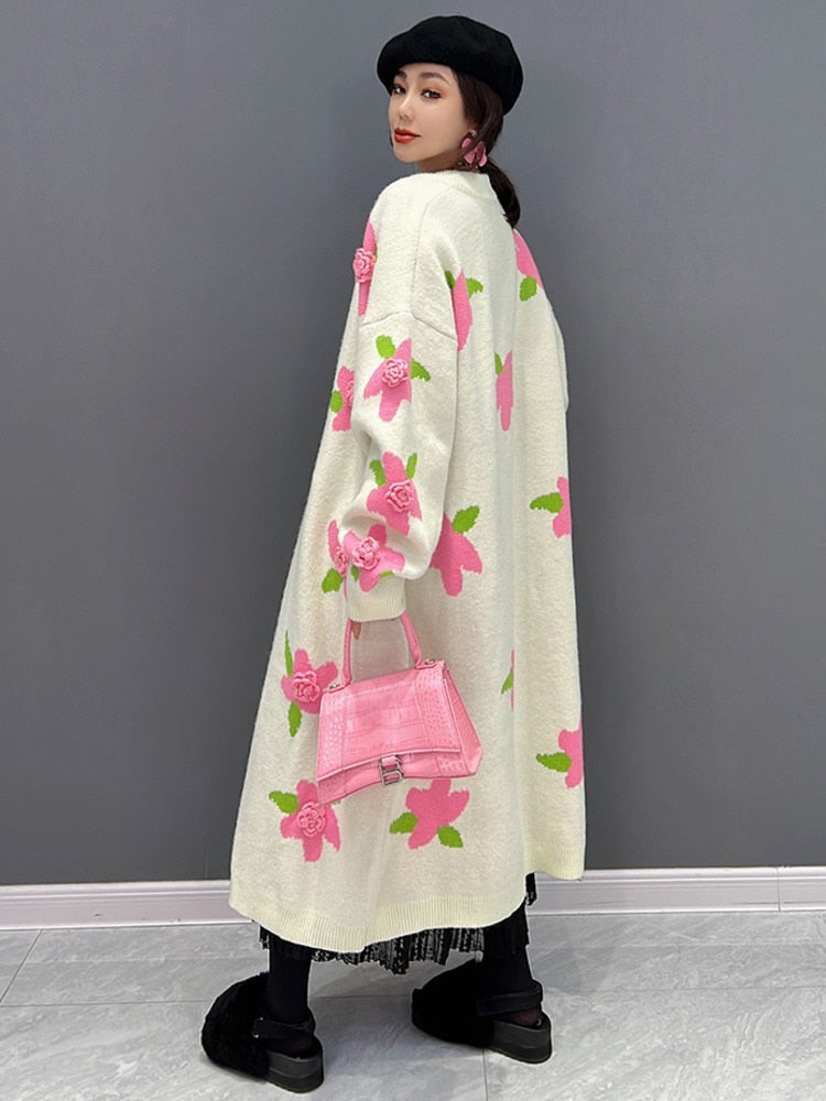Trendy Hand-Stitched Long Loose Floral Sweater Coat