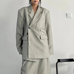 Asymmetrical Pinstripe Blazer & Maxi Skirt Suit