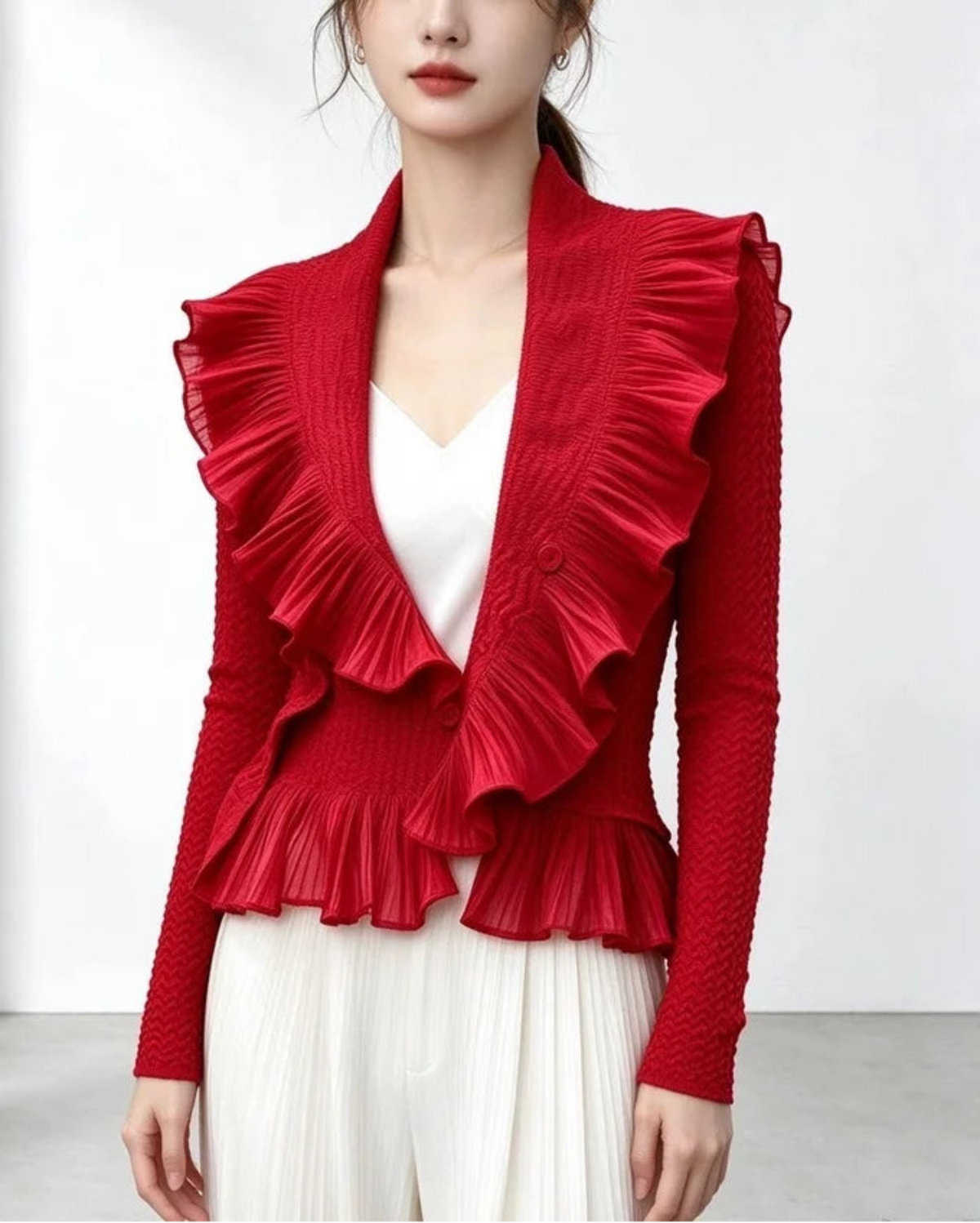 Petite Ruffled Plissé Cardigan