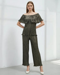 2-Piece Metallic Plissé Pant Set